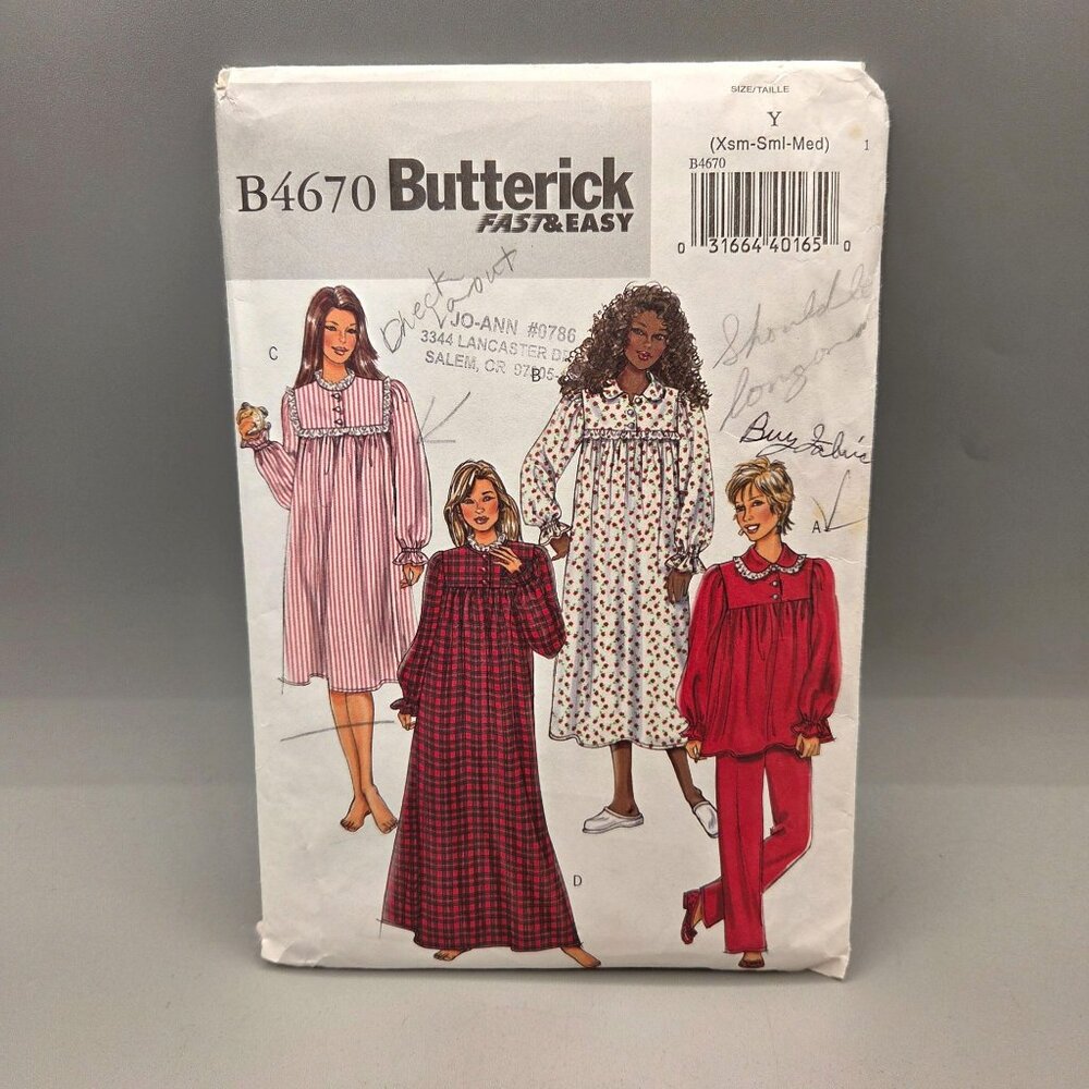 Butterick B4670 Sewing Pattern Pajama Set Nightgown Misses Sizes XS To Med UNCUT